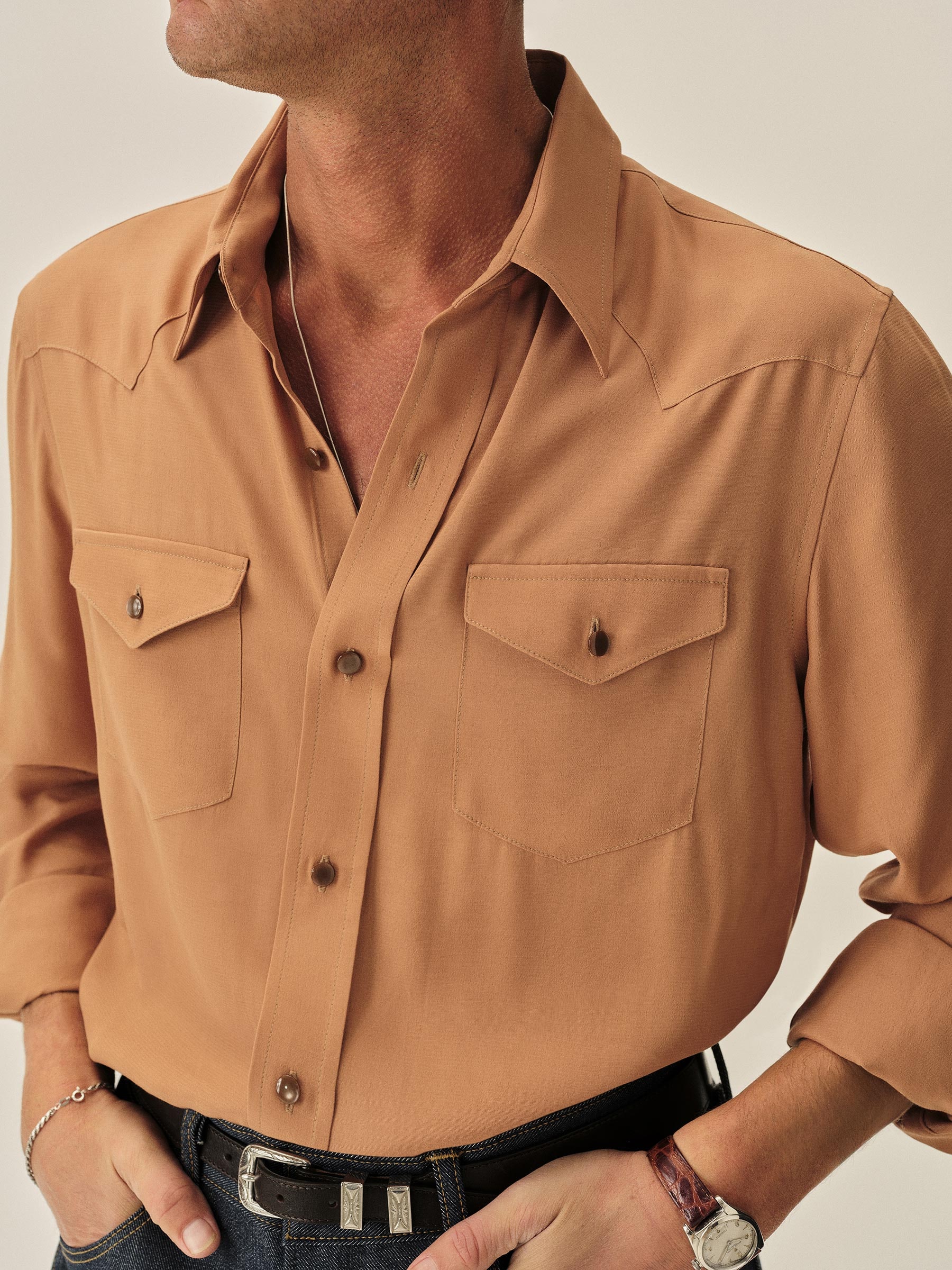 Buck Mason — Burnt Orange Sunset Rayon Western Shirt — view 2