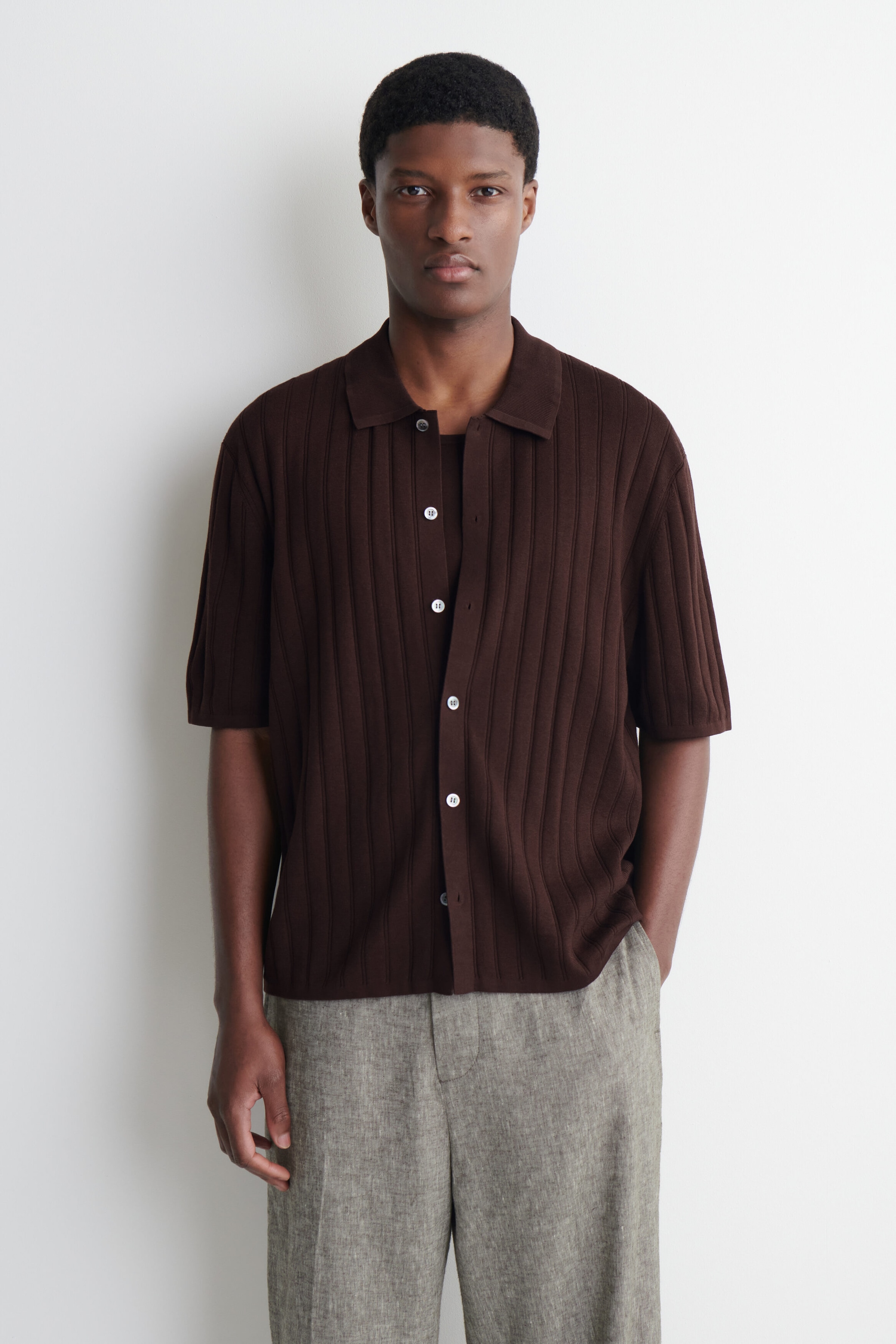 COS — Ribbed-Knit Cotton Shirt - Dark Brown